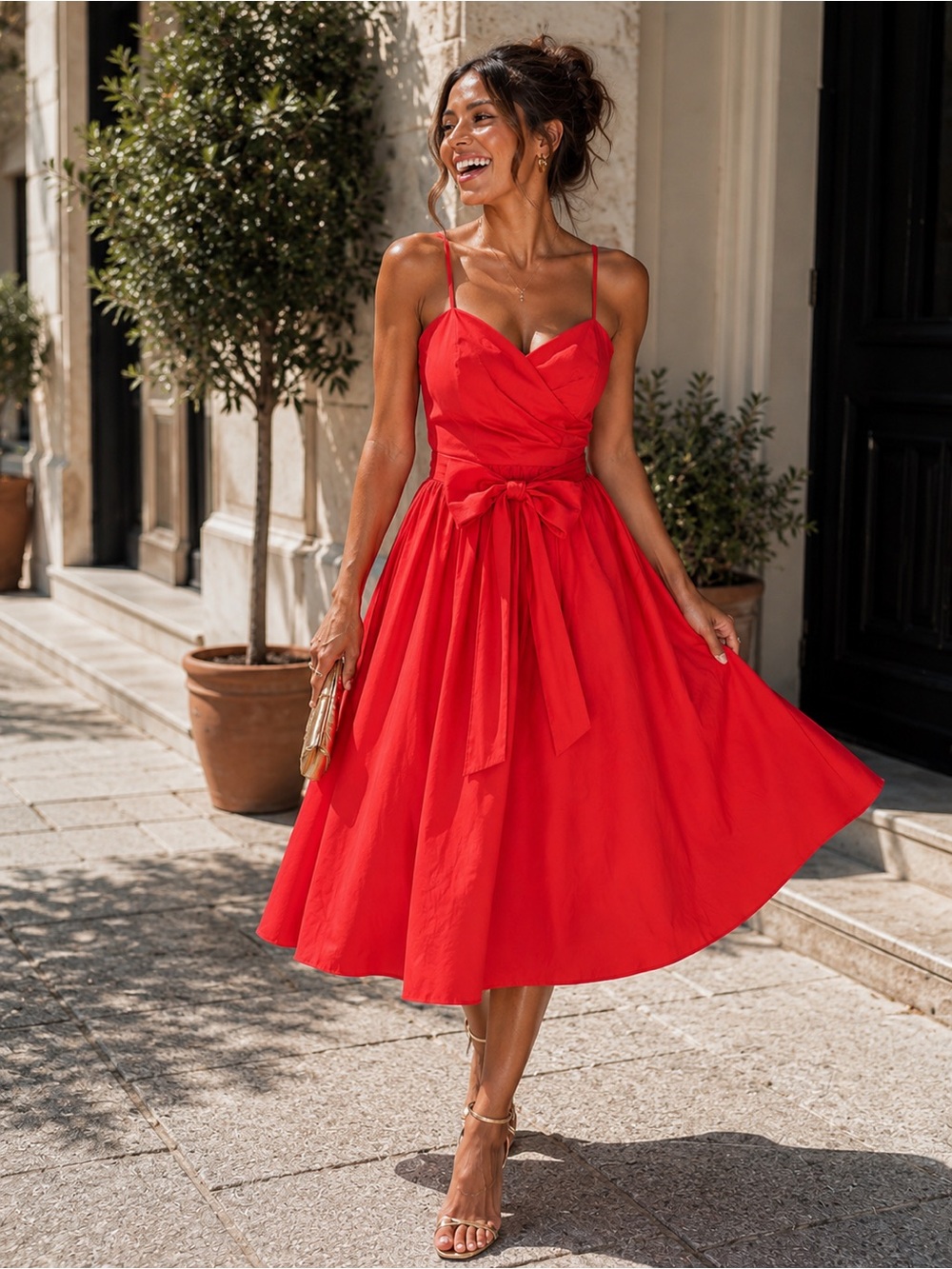 1901 Romantic Coral Dress with Bow Detail